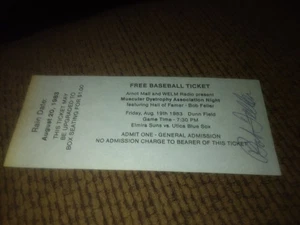 vintage BOB FELLER SIGNED 8/12/1983 Elmira Suns Dunn Field game ticket stub - Picture 1 of 5