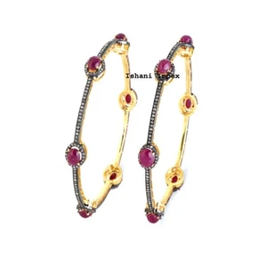 Natural Rose cut Diamond Ruby 925 Sterling Silver Bangle Jewelry - Picture 1 of 5