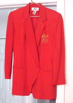 Vintage Jones NY 100% Silk Fully Lined Red  JNYBlazer Jacket with Crest~ Size 4 - Image 1 of 4