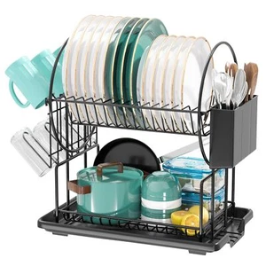 2 Tier Black Dish Drainer Rack with Drip Tray, Stainless Steel Draining Dish - Picture 1 of 7