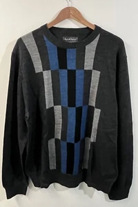 Kenneth Roberts Platinum XL Checkered Merino Wool Sweater Geometric Gray Blue - Picture 1 of 3