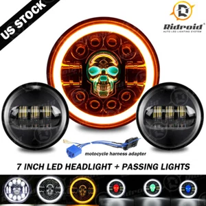 RGB Skull Chrome 7" inch LED Headlight Kit + 4.5 inch Passing Lights for Harley - Foto 1 di 24