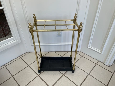 GENUINE ANTIQUE ENGLISH BRASS UMBRELLA & STICK STAND CAST IRON BASE & DRIP TRAY Cover