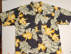 TOMMY BAHAMA Hawaiian Shirt Mens Large Black Silk Floral Palms Short Sleeve - Picture 1 of 15