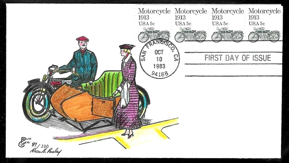 1899 5c Stamp (1983) THE POPE MOTORCYCLE FDC HD/HP BY PASLAY CLASSIC CACHETS - Image 1 of 1