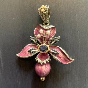Ciondolo Barbara Bixby argento sterling oro 18 carati fiore orchidea smalto lolite stato - Foto 1 di 11
