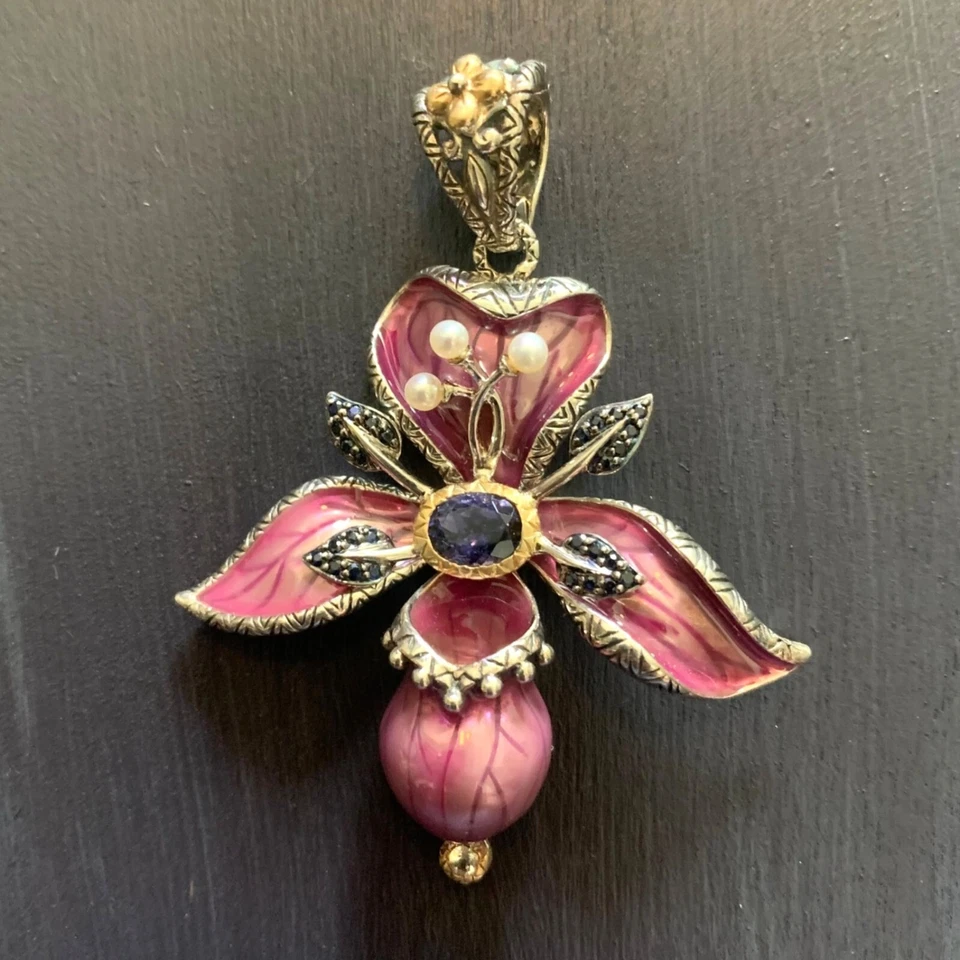 Colgante Barbara Bixby Plata Esterlina Oro 18K Flor Orquídea Esmalte Lolita Estat Foto 1 de 4