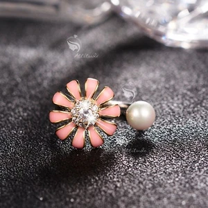 18K WHITE GOLD MADE WITH SWAROVSKI CRYSTAL PEARL OPEN RING SPINNING PINK FLOWER - Picture 1 of 3