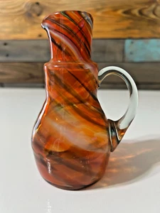 Blown Glass Small Pitcher Orange, Green and Amber Swirl 5.5 " tall - Picture 1 of 3