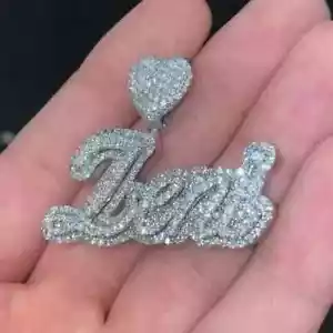 2.00 Ct Real Moissanite Men's Custom Name Pendant 14K White Gold Plated Silver - Picture 1 of 11
