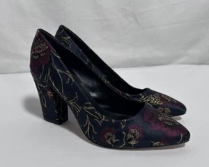 Antonio Melani Heels 8M Pumps Shoes Leather Floral Block Heel Navy Red Gold - Picture 1 of 11