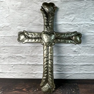 VTG Handmade Haitian Recycled Steel Oil Drum Outdoor Decor Heart Cross 12" x 17" - Picture 1 of 10