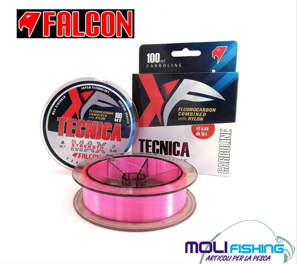 CARBON NYLON FALCON XF TECNICA PINK HYBRID FC + NYLON 100 MT PESCA TRAINA NEW - Immagine 1 di 1