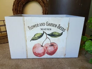 HAND MADE CHERRY FLOWER AND GARDEN SEEDS WOODEN COUNTRY STORAGE BOX CRATE - Picture 1 of 3