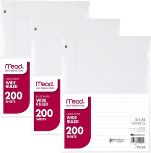 Mead Loose Leaf Paper, 3 Pack, Notebook Wide Ruled Pack of 3, White - Picture 1 of 6