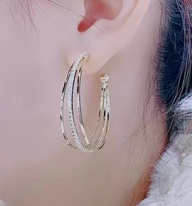 Ohrringe elegante 925 Silber Nadel Strass-besetzt mehrlagig Creolen funkelnd - Bild 1 von 4