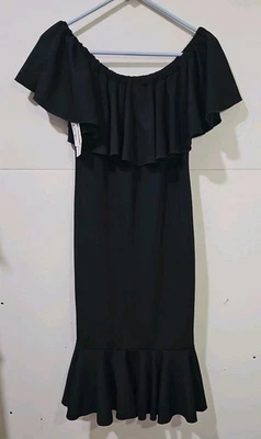 NUEVO Vestido Lularoe Cici Para Mujer S, Negro Sólido Midi Elástico Volantes Escote Foto 1 de 4