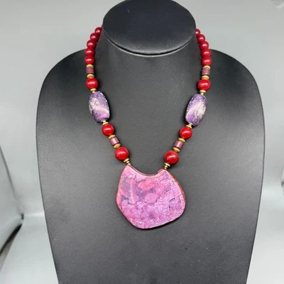 Gargantilla colgante de cerámica roja gruesa cuentas collar llamativo Foto 1 de 4