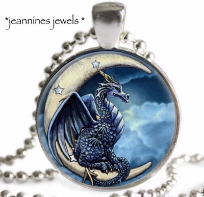 Синий дракон ожерелье полумесяц Луна дракон фантазии искусства печати Серебряный подвеска - Изображение 1 из 4