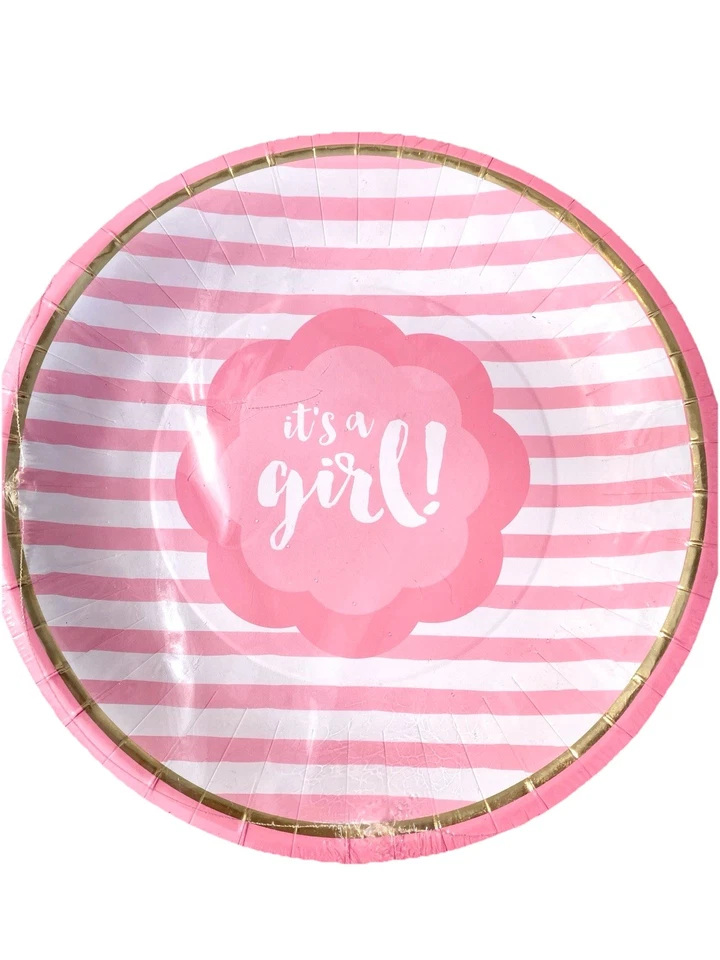 Paquete de platos y servilletas a rayas rosas y blancas "It's A Girl" Baby Shower Foto 1 de 4
