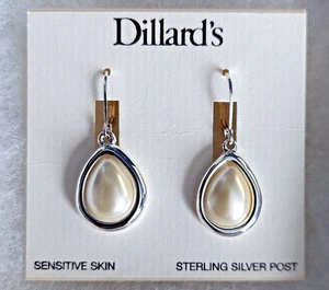 Dillard's Faux Pearl Teardrop Earrings Sensitive Skin Sterling Post J - Picture 1 of 5
