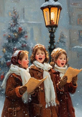 Children Singing Christmas Carols Norman Rockwell Style Poster Holiday Wall Art - Image 1 of 4