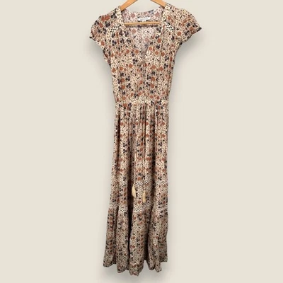 American Eagle Maxi Dress Floral Print Beige Women XXS V-Neck Tassel Boho - Image 1 of 4