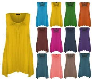 Women Ladies Hanky Hem Sleeveless Flared Jersey Long Tunic Flared Swing Vest Top - Picture 1 of 24