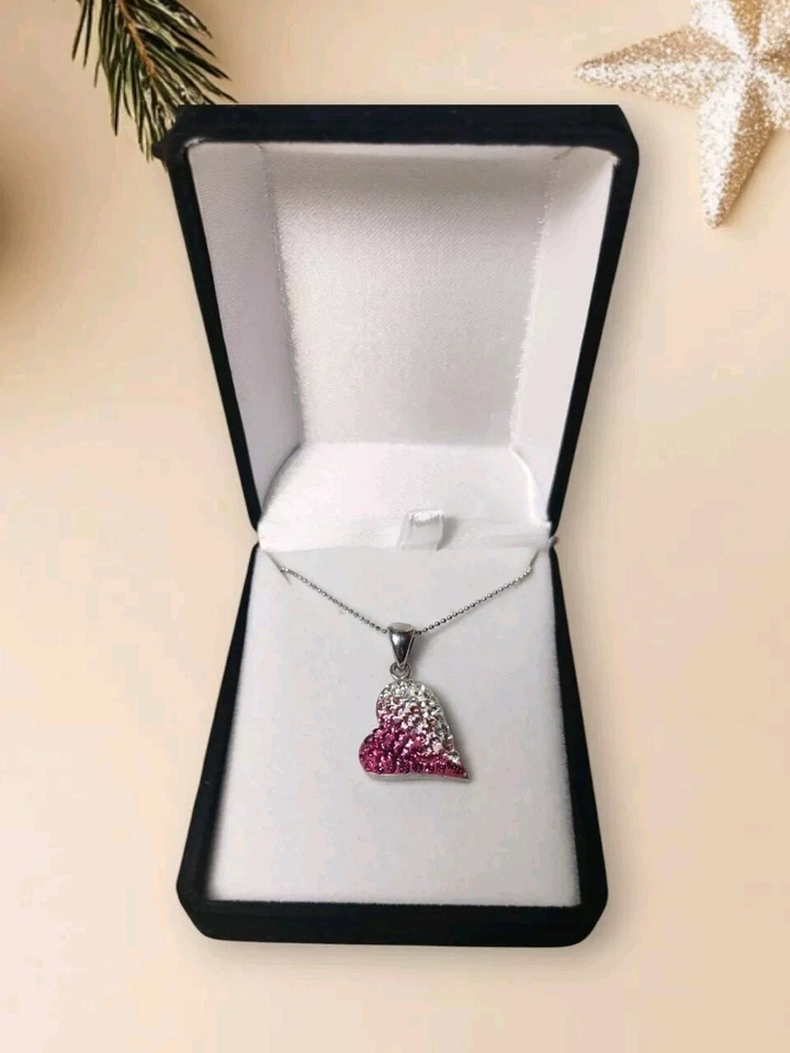 Collana Argento 925 Silver Ciondolo Cuore Zirconi Rosa Punto Luce Donna - Immagine 1 di 4