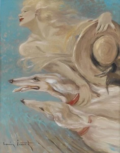 Impresión en lienzo Louis Icart elegante mujer con dos galgos 16 x 20 - Imagen 1 de 3
