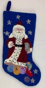 SANTA CLAUS plush Christmas Stocking w/Silver Glitter Threads & Blue Velvet 18"L - Picture 1 of 2