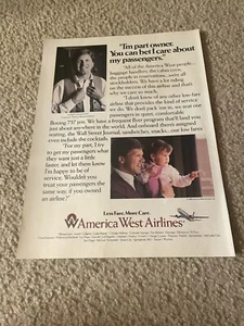 Vintage 1986 AMERICA WEST AIRLINES PRINT AD 1980s "LESS FARE. MORE CARE" - Picture 1 of 1