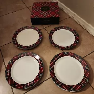 NEW S/4 Pottery Barn Stewart Plaid Tartan DINNER Plate Christmas RED holiday - Picture 1 of 5