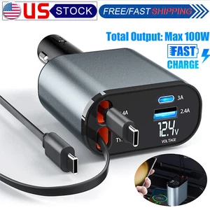 Retractable Car Charger Cable 4 IN 1 Dual Port USB C PD Fast Charging Adapter US - Picture 1 of 12