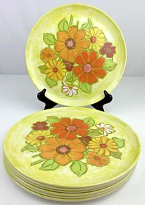 MCM Miramar Melmac Daisy Avocado Green Orange Dinner Plates Vibrant Set of 8 HTF - Picture 1 of 8