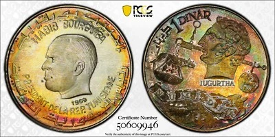 PCGS PR68 DCAM 1969-NI Tunisia Dinar Jugurtha Toned Deep Cameo PF Proof - Image 1 of 3