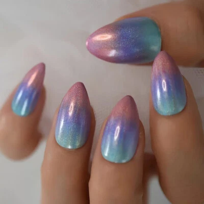 24 Medium Press on nails kit w glue pastel almond pink blue purple ombre - Image 1 of 4