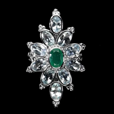 925 Sterling Silver Ring Oval Emerald 7x5mm Aquamarine Gemstone Jewelry Size 9.5 - Image 1 of 4