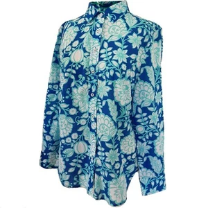 Talbots Petite Langarm-Kragenshirt Gr. M cyanblau tropisch mit Blumenmuster - Bild 1 von 6