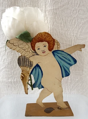 Jarrón de querubín de metal pintado a mano Two's Company de la década de 1990 6,5" con flor de seda Foto 1 de 4