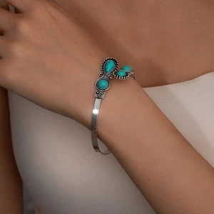 Fashionable Vintage Ethnic Style Imitation Turquoise Open Metal Bracelet - Picture 1 of 6