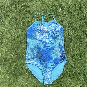 OP L/G 10-12 Girls Blue Water Bubble Mermaid One Piece Swimsuit Beach Pool Fun - Picture 1 of 6