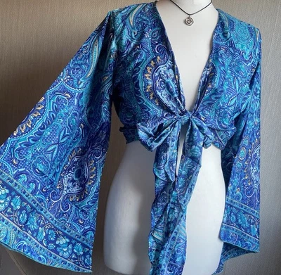 Hand Made Floral Paisley Bell sleeve wrap crop top Festival Retro Vtg Boho Hippy - Image 1 of 2