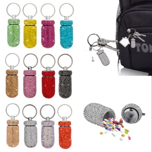 Crystal Bling Medicine Bottle Key Ring Travel Pill Case Capsules Organizer - Picture 1 of 37