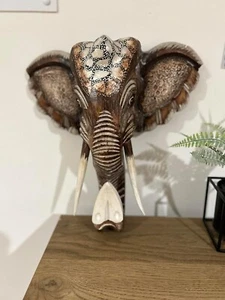 Handcrafted Wooden Elephant Head Wall Decor, 40cm x 38cm x 14cm, Brown & Beige - Picture 1 of 6