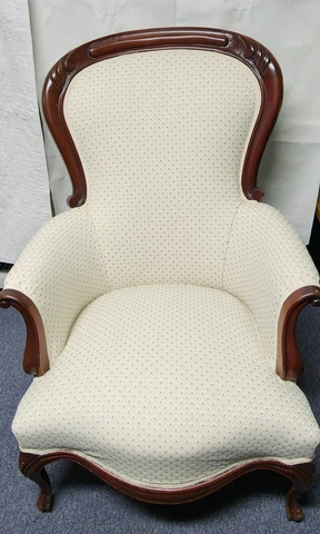 Lot 2 Vintage Antique Victorian Carved Parlor Arm Chair White Blue Upholstered Cover