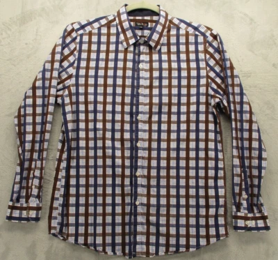 Galaxy by Harvic Button Up Shirt Men's Large Blue Brown White Geometric Plaid - Image 1 of 4