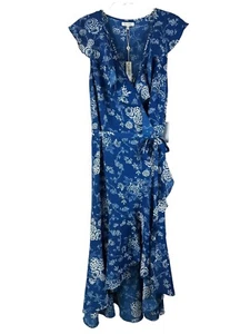 Max Studio Sz XL Floral Blue White Wrap Dress Ruffle Hi-Lo Org. $98 Fairy - Picture 1 of 9