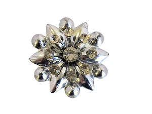Vintage Shiny Silver Tone Flower/Snowflake Brooch w/ Clear Rhinestones - Picture 1 of 4