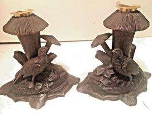 COPPIA PORTACANDELE FAGIANO OPPOSTO STILE FORESTA NERA VINTAGE EFFETTO LEGNO RESINA - Foto 1 di 9